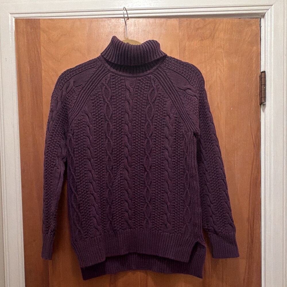 VTG Jeanne Pierre Purple Cable Knit Fisherman Turtleneck Sweater Women Preppy M